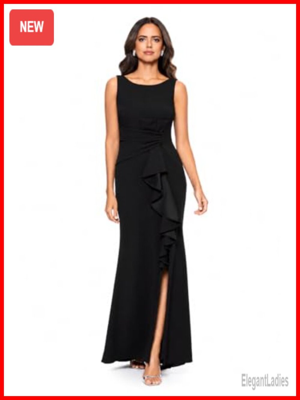 Long Bodycon Sleeveless Boat Neck Evening Gown Side Slit Ruffle